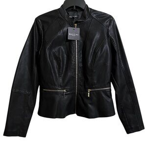 NWT Women's Black Faux Leather Moto Biker Zip Up Jacket Gold Zippers M